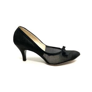 Vintage 1950s black illusion netting slip on bow pumps